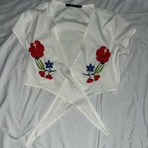 Zarik White/Sheer Tie Crop Top with Flowers